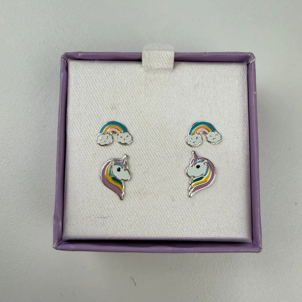 Macys FB Kids Womens Sterling Silver Enamel Unicorn Rainbow Earrings Set